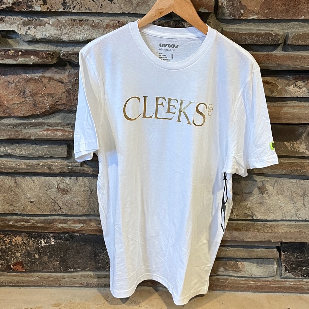 LIV Golf Cleeks Golf Club White T-Shirt with Gold Team Logo 100% Cotton